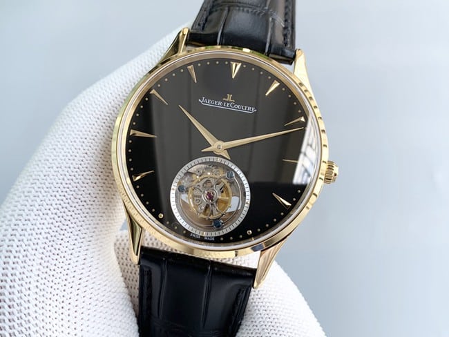 top-tier watch Jaeger-LeCoultre master series tourbillon men's black dial black belt fully automatic movementleather strap watch front view