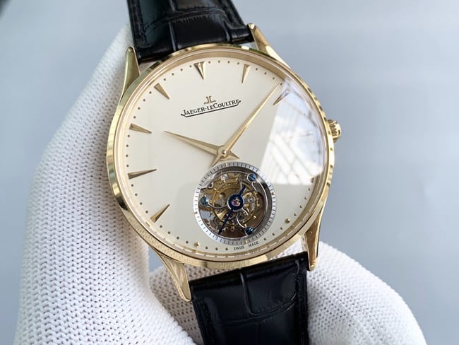 Jaeger-LeCoultretop-tier watch men's white dial black belt master series fully automatic movement tourbillonleather strap watch front view