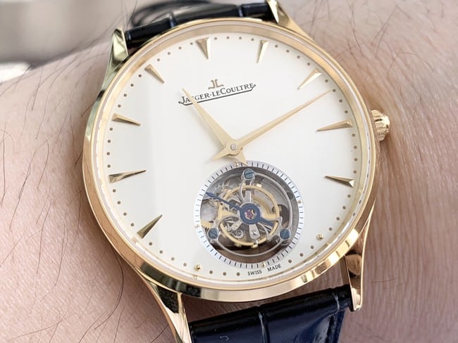 Jaeger-LeCoultretop-tier watch men's white dial black belt master series fully automatic movement tourbillonleather strap watch front view