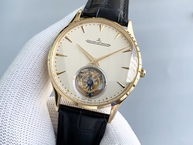 Jaeger-LeCoultretop-tier watch men's white dial black belt master series fully automatic movement tourbillonleather strap watch front view
