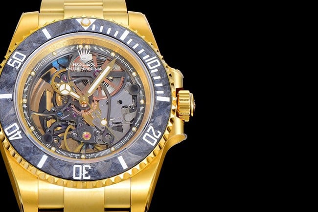 Rolextop-tier watch fully empty Submariner series men's black dial gold belt automatic movement watch detail shots