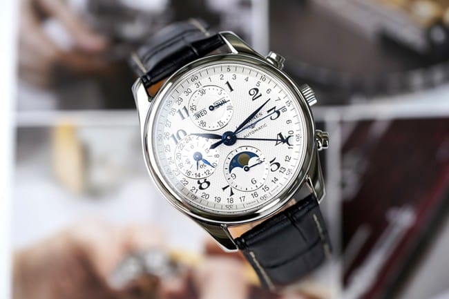 KL factory top-tier watch Longines men's white dial black belt famous craftsman moon phase series automatic movementleather strap watch front view
