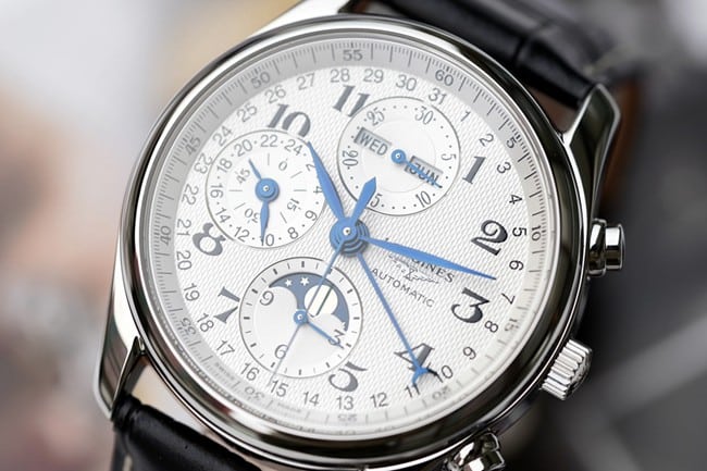 KL factory top-tier watch Longines men's white dial black belt famous craftsman moon phase series automatic movementleather strap watch front view