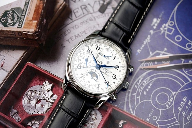 KL factory top-tier watch Longines men's white dial black belt famous craftsman moon phase series automatic movementleather strap watch front view