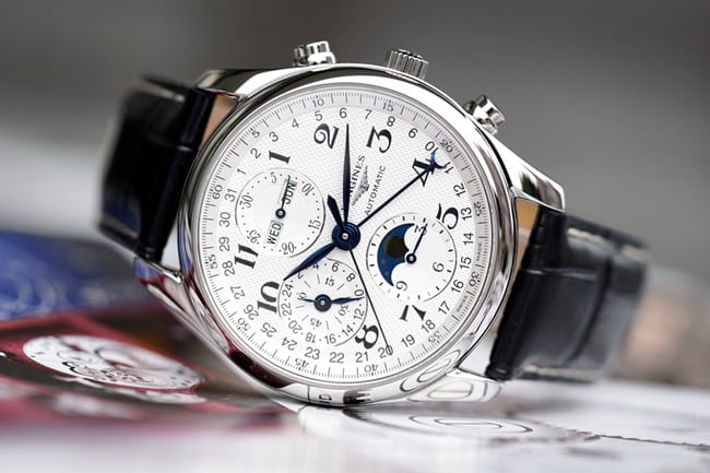KL factory top-tier watch Longines men's white dial black belt famous craftsman moon phase series automatic movementleather strap watch front view