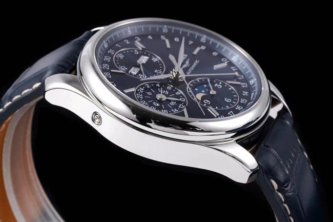 KL factory Longinestop-tier watch famous moon phase series men's blue dial blue belt automatic movementleather strap watch side view