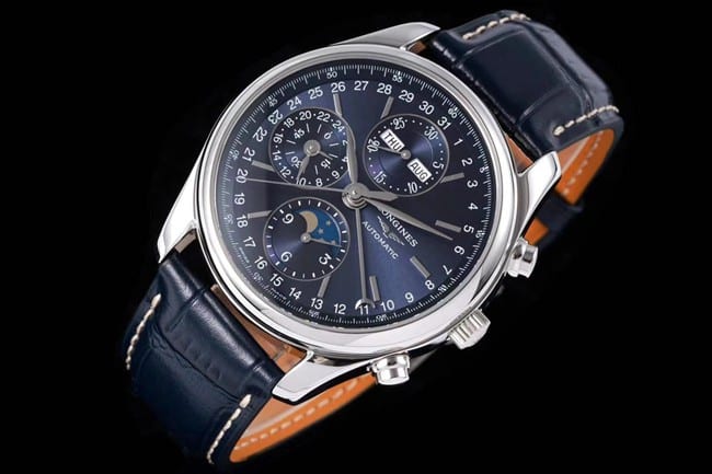 KL factory Longinestop-tier watch famous moon phase series men's blue dial blue belt automatic movementleather strap watch front view