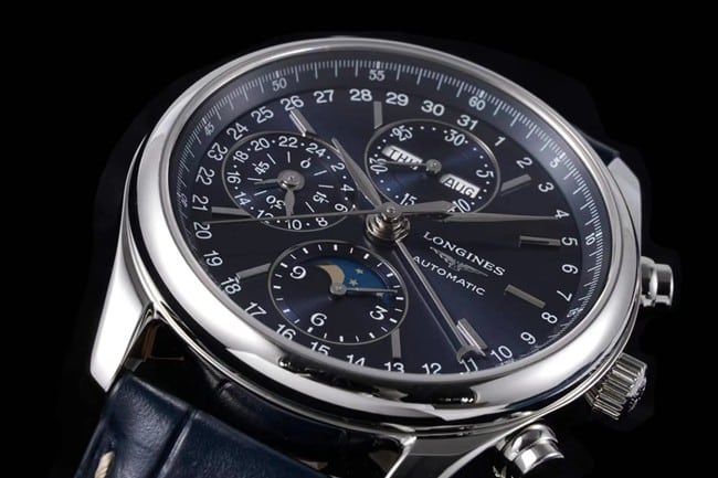 KL factory Longinestop-tier watch famous moon phase series men's blue dial blue belt automatic movementleather strap watch front view