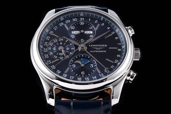 KL factory Longinestop-tier watch famous moon phase series men's blue dial blue belt automatic movementleather strap watch front view