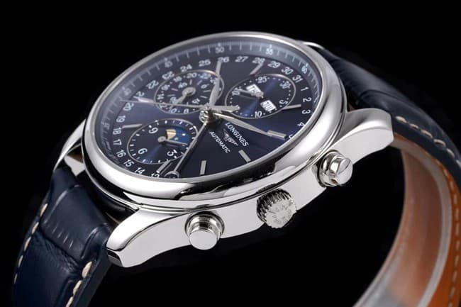 KL factory Longinestop-tier watch famous moon phase series men's blue dial blue belt automatic movementleather strap watch side view