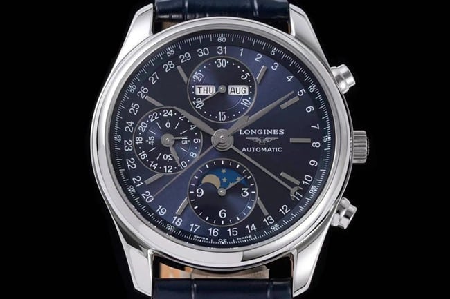 KL factory Longinestop-tier watch famous moon phase series men's blue dial blue belt automatic movementleather strap watch front view