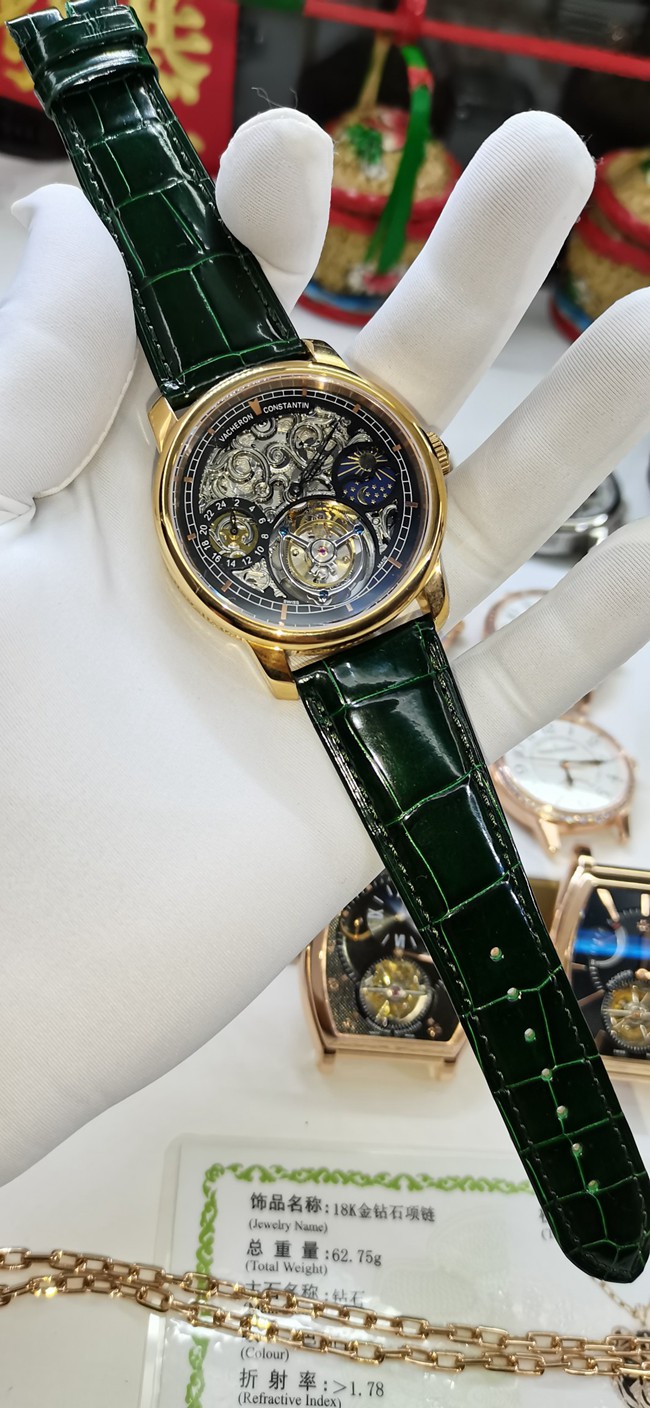 top-tier watch Vacheron Constantin men's black dial green strap tourbillon mechanical leather strap watch front view