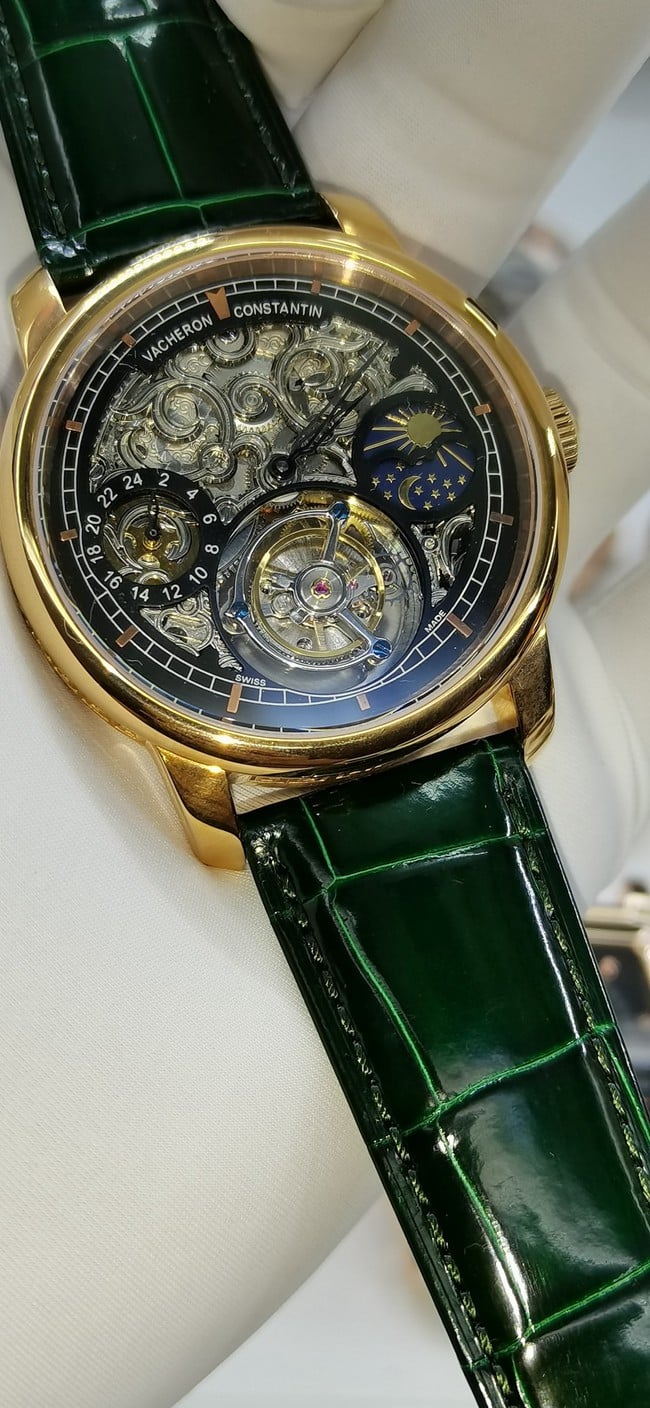 top-tier watch Vacheron Constantin men's black dial green strap tourbillon mechanical leather strap watch detail shots