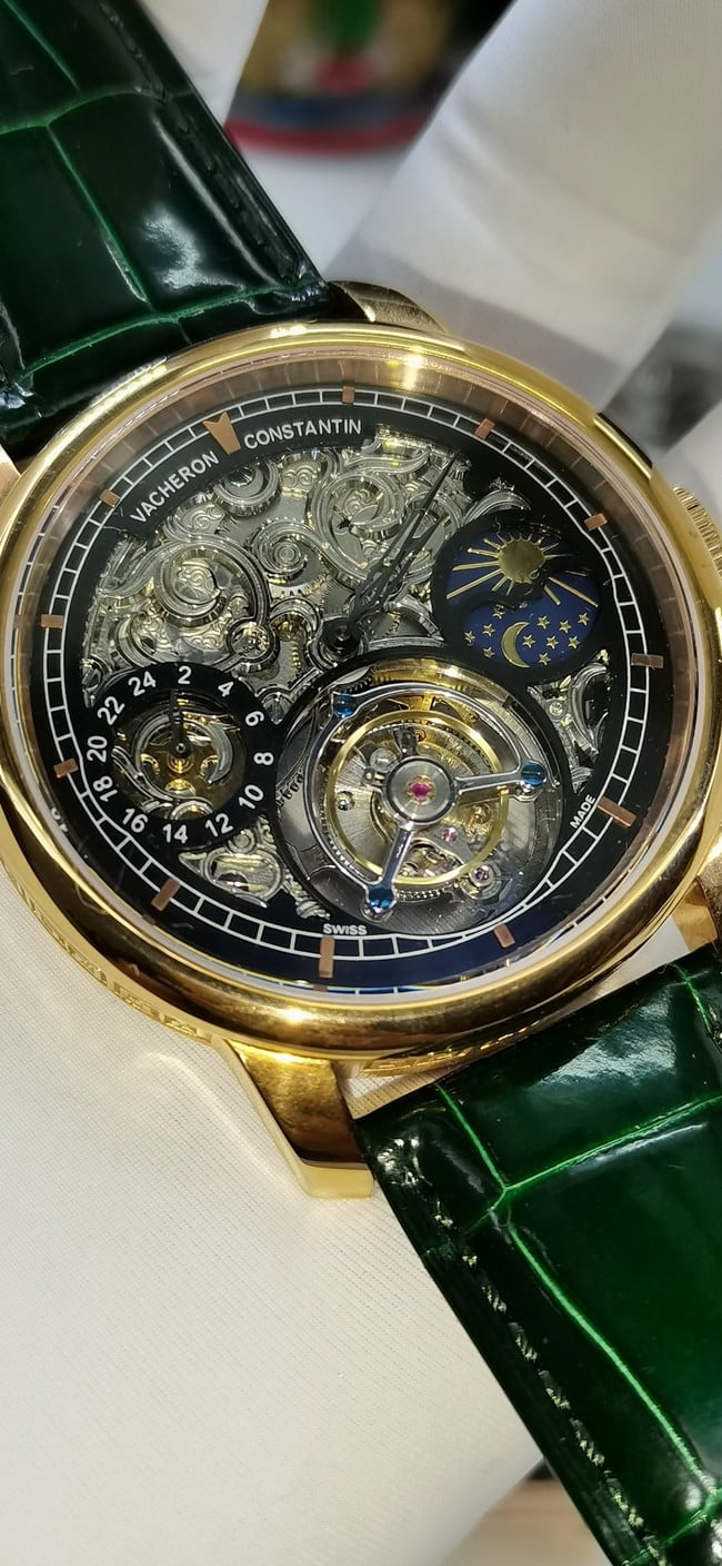 top-tier watch Vacheron Constantin men's black dial green strap tourbillon mechanical leather strap watch front view