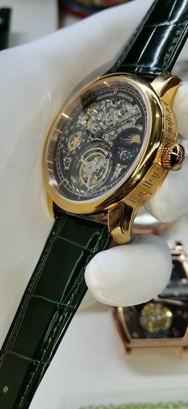 top-tier watch Vacheron Constantin men's black dial green strap tourbillon mechanical leather strap watch detail shots