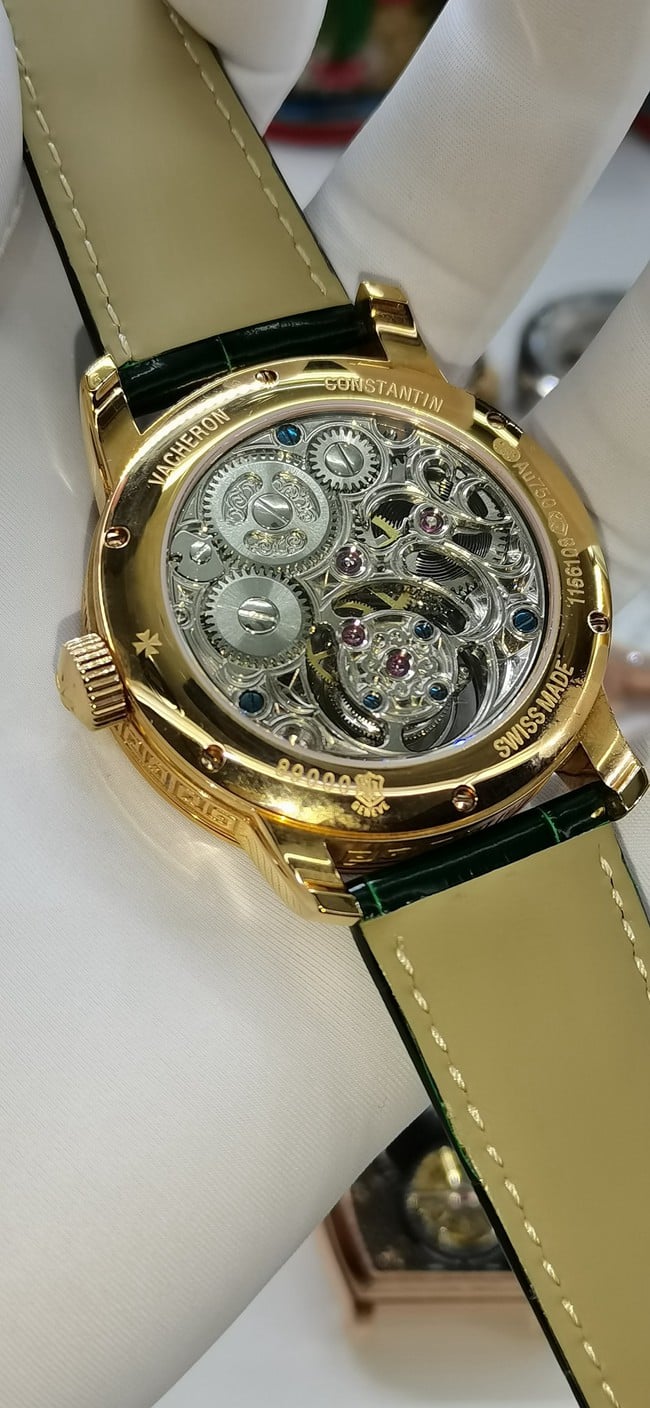 top-tier watch Vacheron Constantin men's black dial green strap tourbillon mechanical leather strap watch movement picture