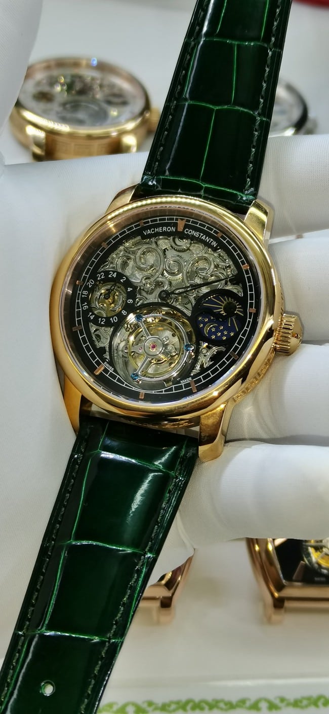 top-tier watch Vacheron Constantin men's black dial green strap tourbillon mechanical leather strap watch front view