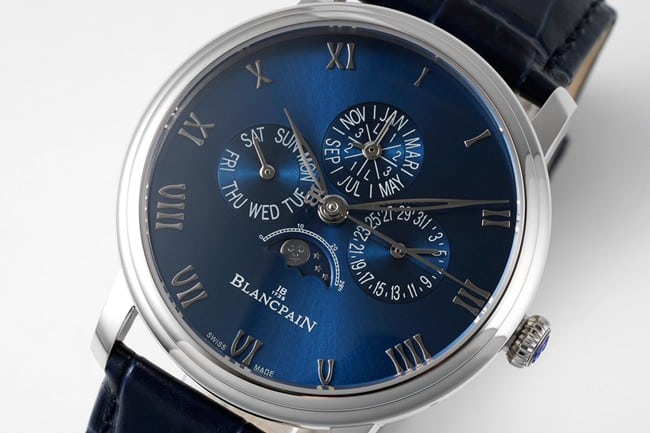 Top watch Blancpain men's blue dial blue strap classic series manual mechanical leather strap watch front view