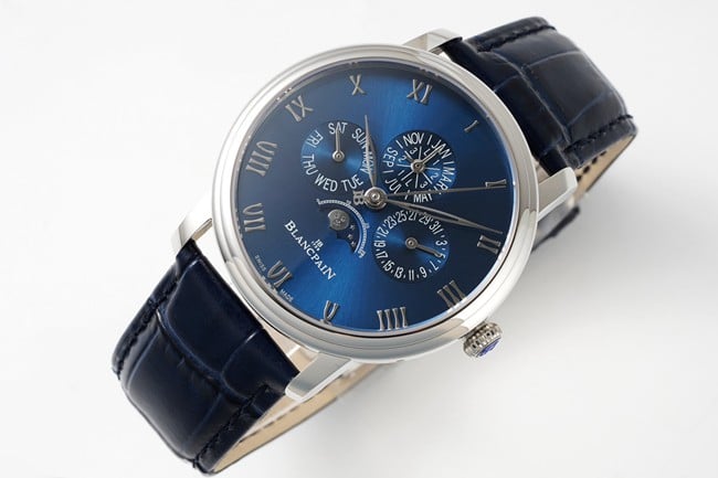 Top watch Blancpain men's blue dial blue strap classic series manual mechanical leather strap watch front view