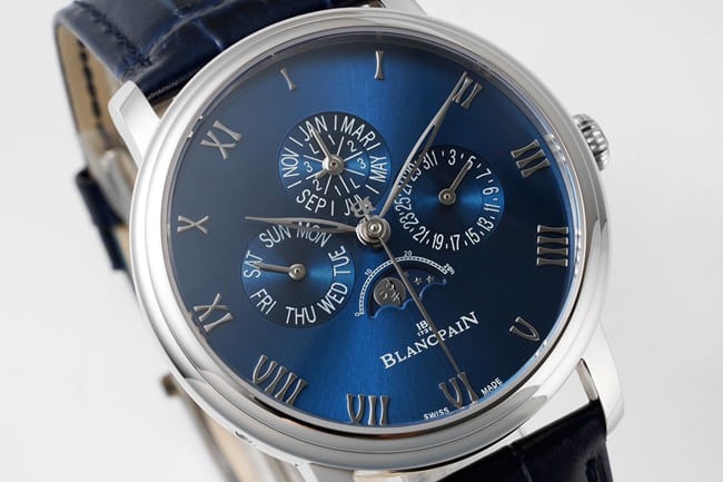 Top watch Blancpain men's blue dial blue strap classic series manual mechanical leather strap watch front view