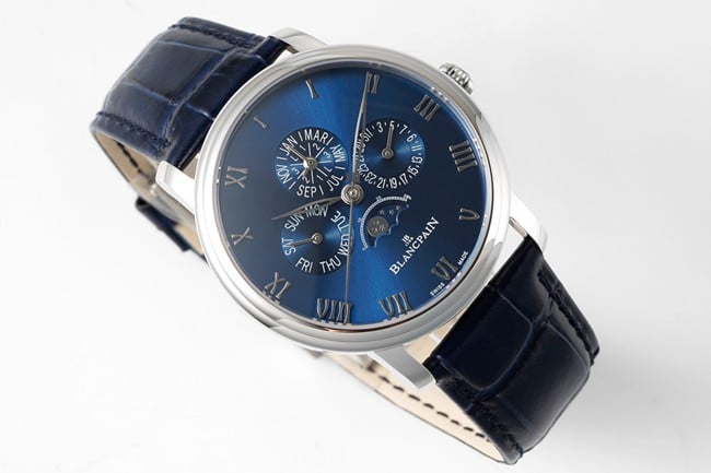 Top watch Blancpain men's blue dial blue strap classic series manual mechanical leather strap watch front view