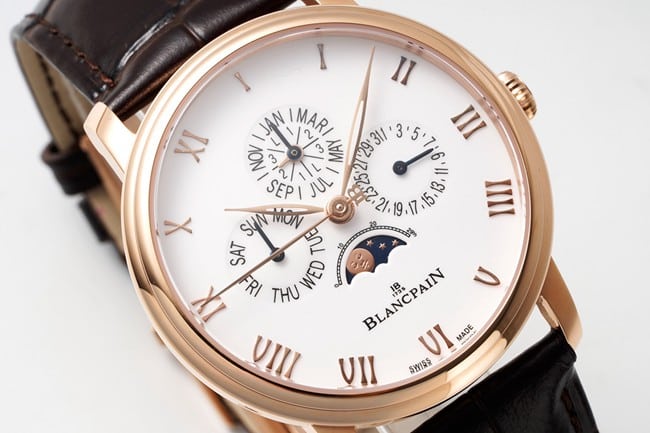 Blancpaintop-tier watch classic series manual winding mechanical men's white dial brown belt watch front view
