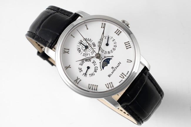 Top-tier watch Blancpain manual winding mechanical men's white dial black belt classic series leather strap watch front view