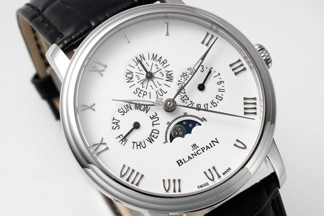 Top-tier watch Blancpain manual winding mechanical men's white dial black belt classic series leather strap watch front view
