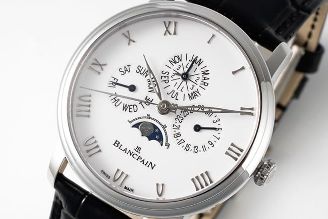 Top-tier watch Blancpain manual winding mechanical men's white dial black belt classic series leather strap watch front view