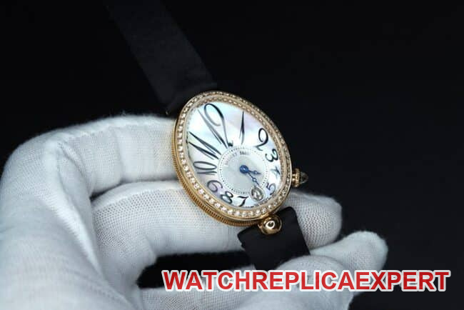 ZF Factorytop-tier watch Breguet Naples ladies' watchwhite dial black belt diamond-set mother-of-pearl full automatic movement watch front view