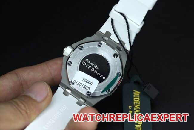 top-tier watch Audemars PiguetRoyal Oak diamond ladies white dial watch white rubber strapquartz movement watch back cover picture