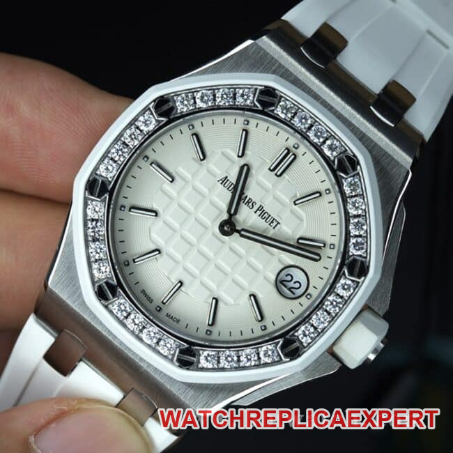 top-tier watch Audemars PiguetRoyal Oak diamond ladies white dial watch white rubber strapquartz movement watch front view