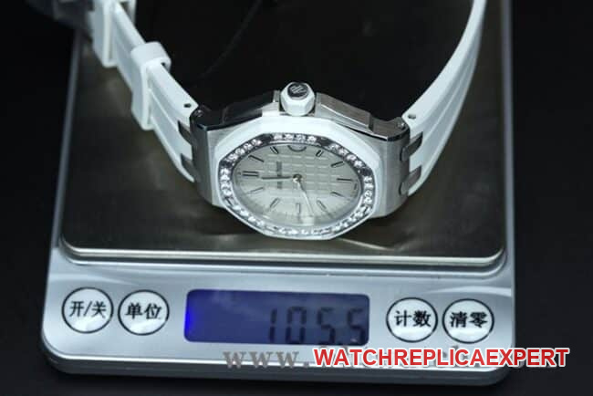 top-tier watch Audemars PiguetRoyal Oak diamond ladies white dial watch white rubber strapquartz movement watch weight chart