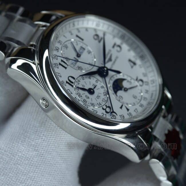 KL factory top-tier watch Longines famous craftsman series eight-pin moon phase 40 diameter steel bracelet men's white dial automatic movement watch side view