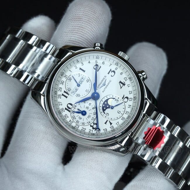 KL factory top-tier watch Longines famous craftsman series eight-pin moon phase 40 diameter steel bracelet men's white dial automatic movement watch front view