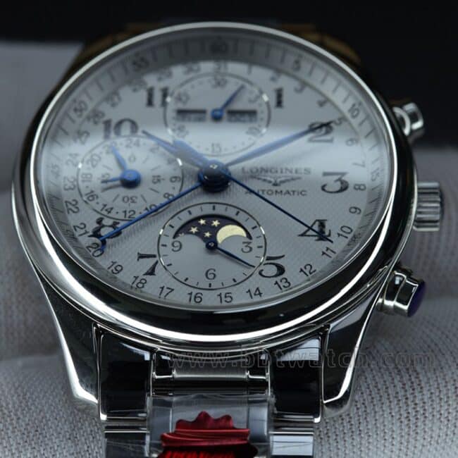 KL factory top-tier watch Longines famous craftsman series eight-pin moon phase 40 diameter steel bracelet men's white dial automatic movement watch front view