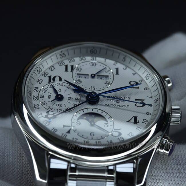 KL factory top-tier watch Longines famous craftsman series eight-pin moon phase 40 diameter steel bracelet men's white dial automatic movement watch front view