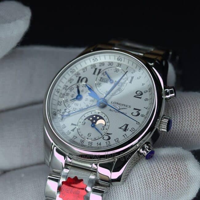 KL factory top-tier watch Longines famous craftsman series eight-pin moon phase 40 diameter steel bracelet men's white dial automatic movement watch front view
