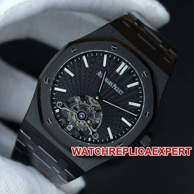 R8 factory top-tier replicaAudemars PiguetRoyal Oak series tourbillonmovement men's all black all automatic movementsteel bracelet watch front view