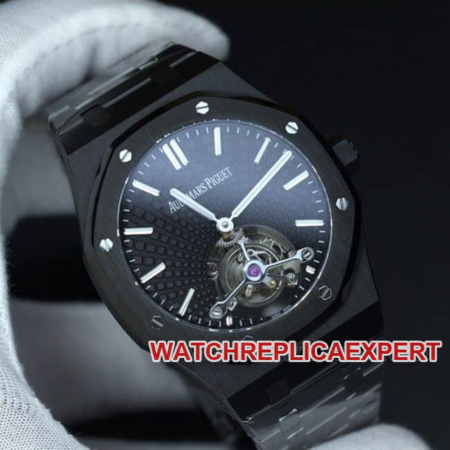 R8 factory top-tier replicaAudemars PiguetRoyal Oak series tourbillonmovement men's all black all automatic movementsteel bracelet watch front view