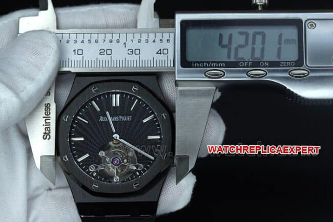 R8 factory top-tier replicaAudemars PiguetRoyal Oak series tourbillonmovement men's all black all automatic movementsteel bracelet watch size chart