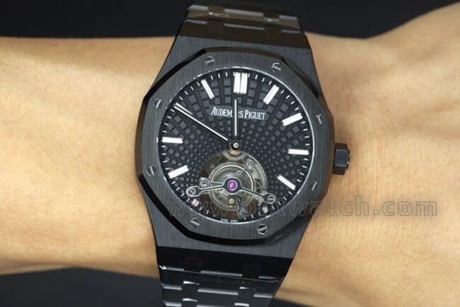 R8 factory top-tier replicaAudemars PiguetRoyal Oak series tourbillonmovement men's all black all automatic movementsteel bracelet watch front view