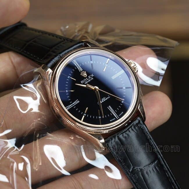 EW Factorytop-tier watch Rolex Cellini m series 50505-0008 men's blue dial black belt 18K gold watch automatic movementleather strap watch front view