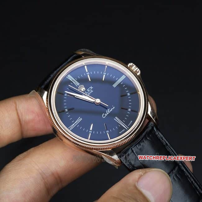 EW Factorytop-tier watch Rolex Cellini m series 50505-0008 men's blue dial black belt 18K gold watch automatic movementleather strap watch front view