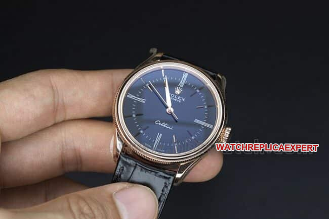 EW Factorytop-tier watch Rolex Cellini m series 50505-0008 men's blue dial black belt 18K gold watch automatic movementleather strap watch front view