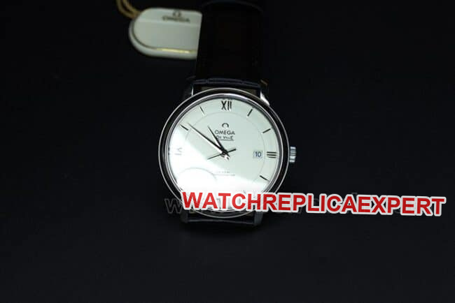 MKS Factorytop-tier replicaOmega De Ville series classic business casual men's white dialblack dial fully automatic movementleather strap watch front view
