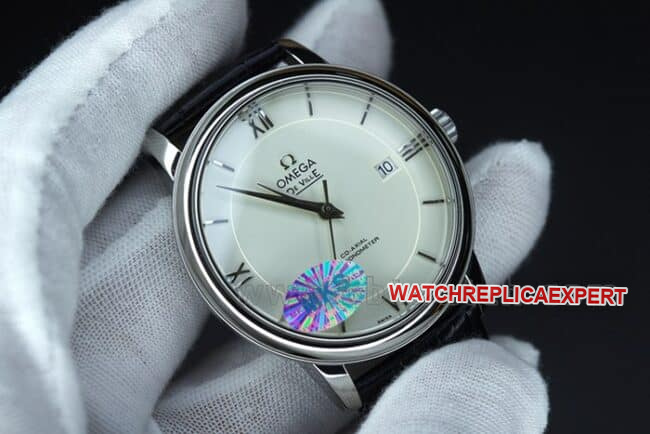 MKS Factorytop-tier replicaOmega De Ville series classic business casual men's white dialblack dial fully automatic movementleather strap watch front view