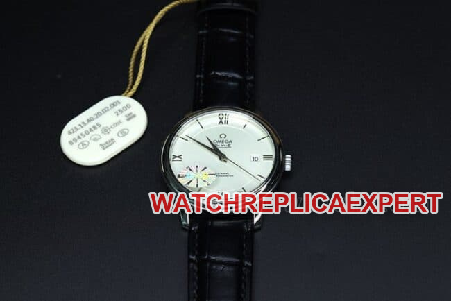 MKS Factorytop-tier replicaOmega De Ville series classic business casual men's white dialblack dial fully automatic movementleather strap watch front view