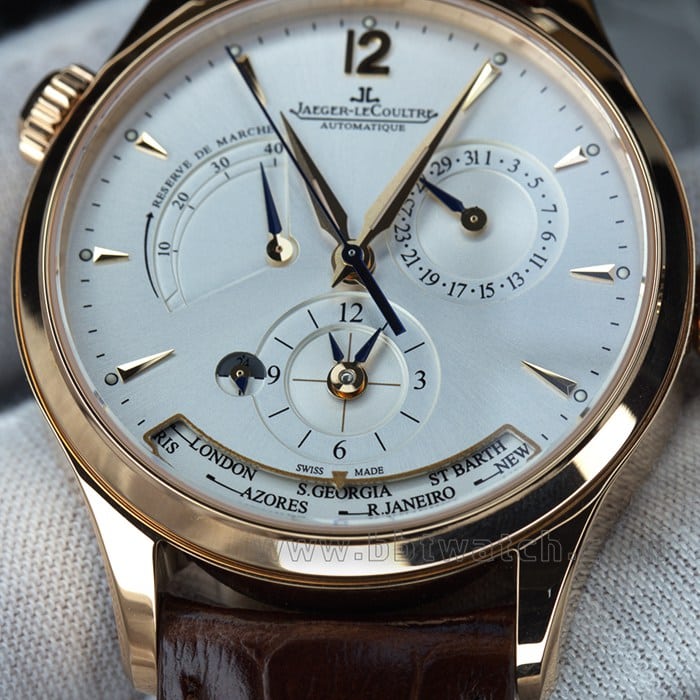 zf factory Jaeger-LeCoultretop-tier watch geography master world time men's white dial brown belt multifunctional automatic movementleather strap watch front view