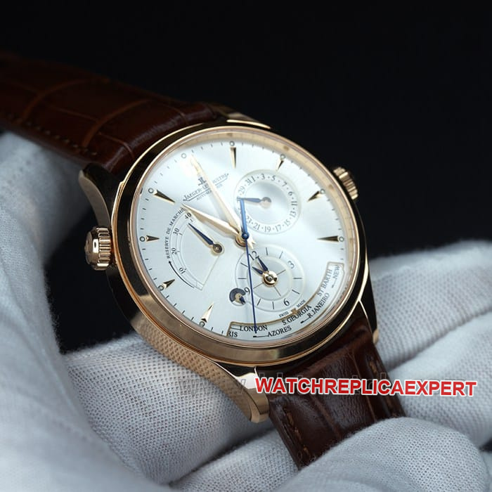 zf factory Jaeger-LeCoultretop-tier watch geography master world time men's white dial brown belt multifunctional automatic movementleather strap watch front view